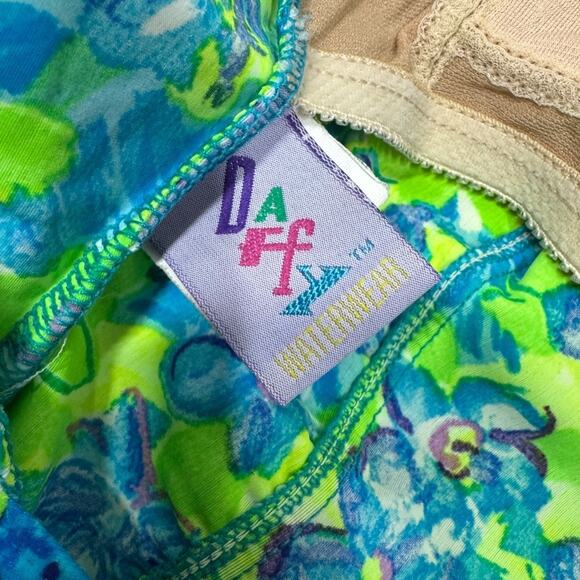 Vintage 90s Daffy Neon Floral Print One Piece Swimsuit 9/10 Green Blue High Cut - Picture 5 of 8